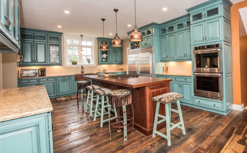 teal cabinets in kitchen