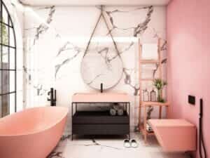 pink-walled bathroom