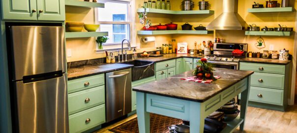 ]: Brand new kitchen countertops provide a cohesive look for this kitchen.