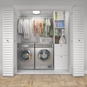 A laundry room with silver appliances and open cabinets tucked inside a closet