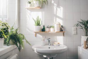 An image of a plain white bathroom with several bright green plants that update the space.