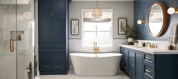 A bathroom with navy blue cabinetry and gold accents