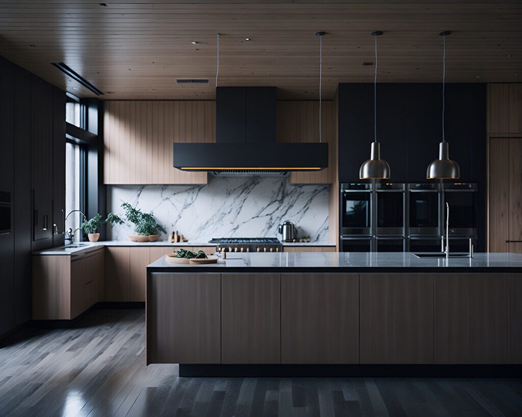 A dark kitchen with black countertops, dark wood cabinetry, and a dramatic marble backsplash.