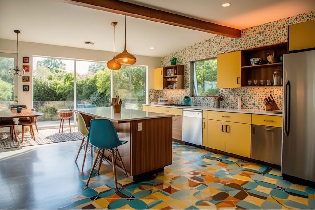 A vibrant mid-century kitchen with warm-toned flooring, a wood panel island, mustard cabinets, and colorful wallpaper.